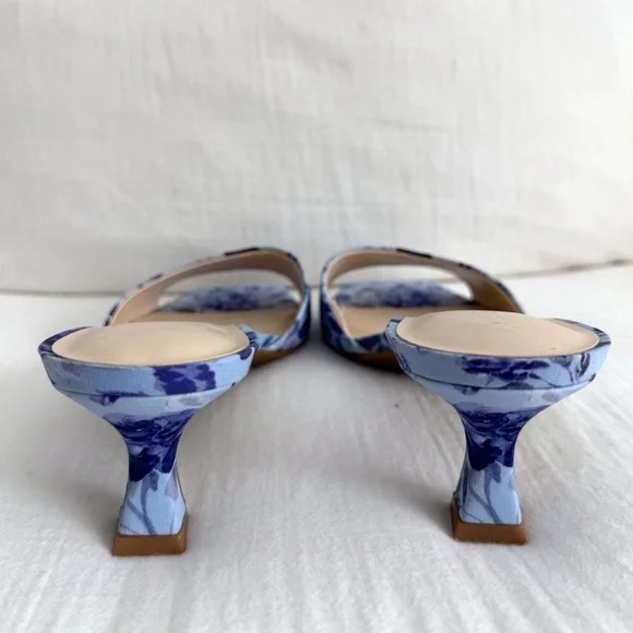 Blue Floral Print Kitten Heel Slide Sandals - Picture 5 of 8